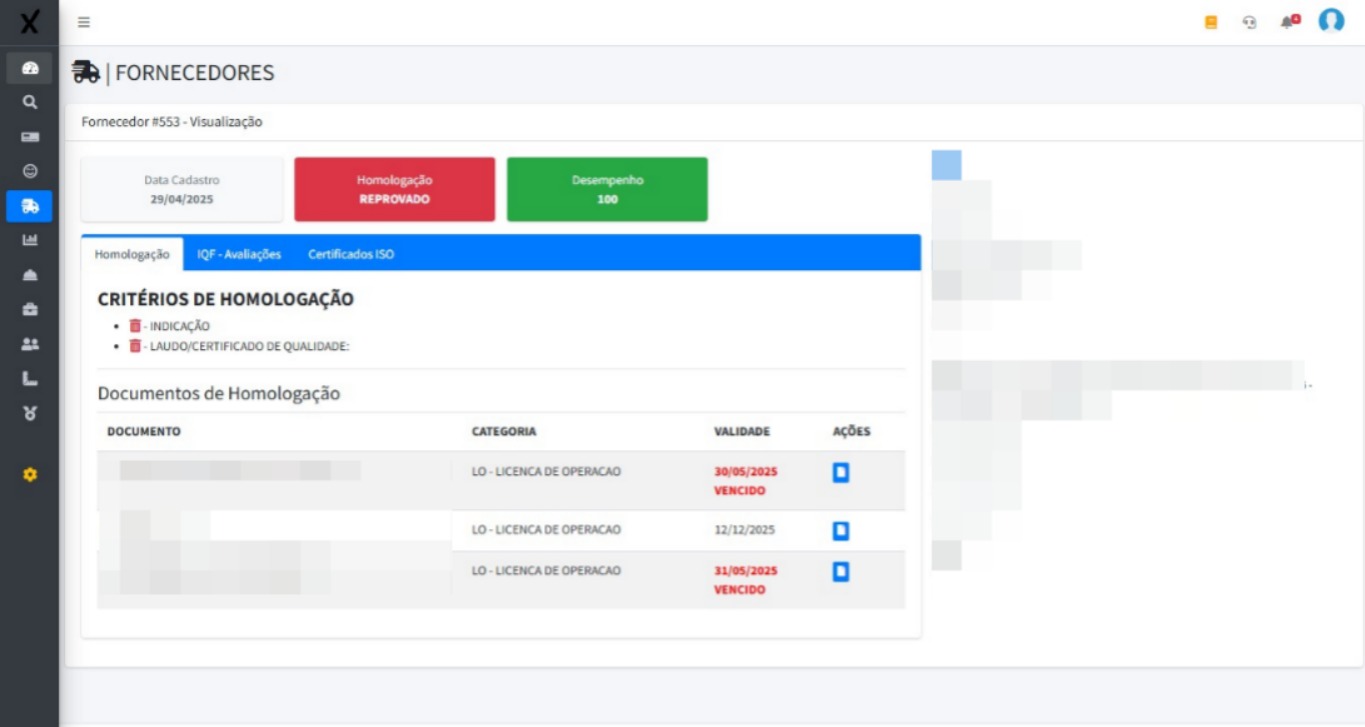 Visão e histórico do fornecedor