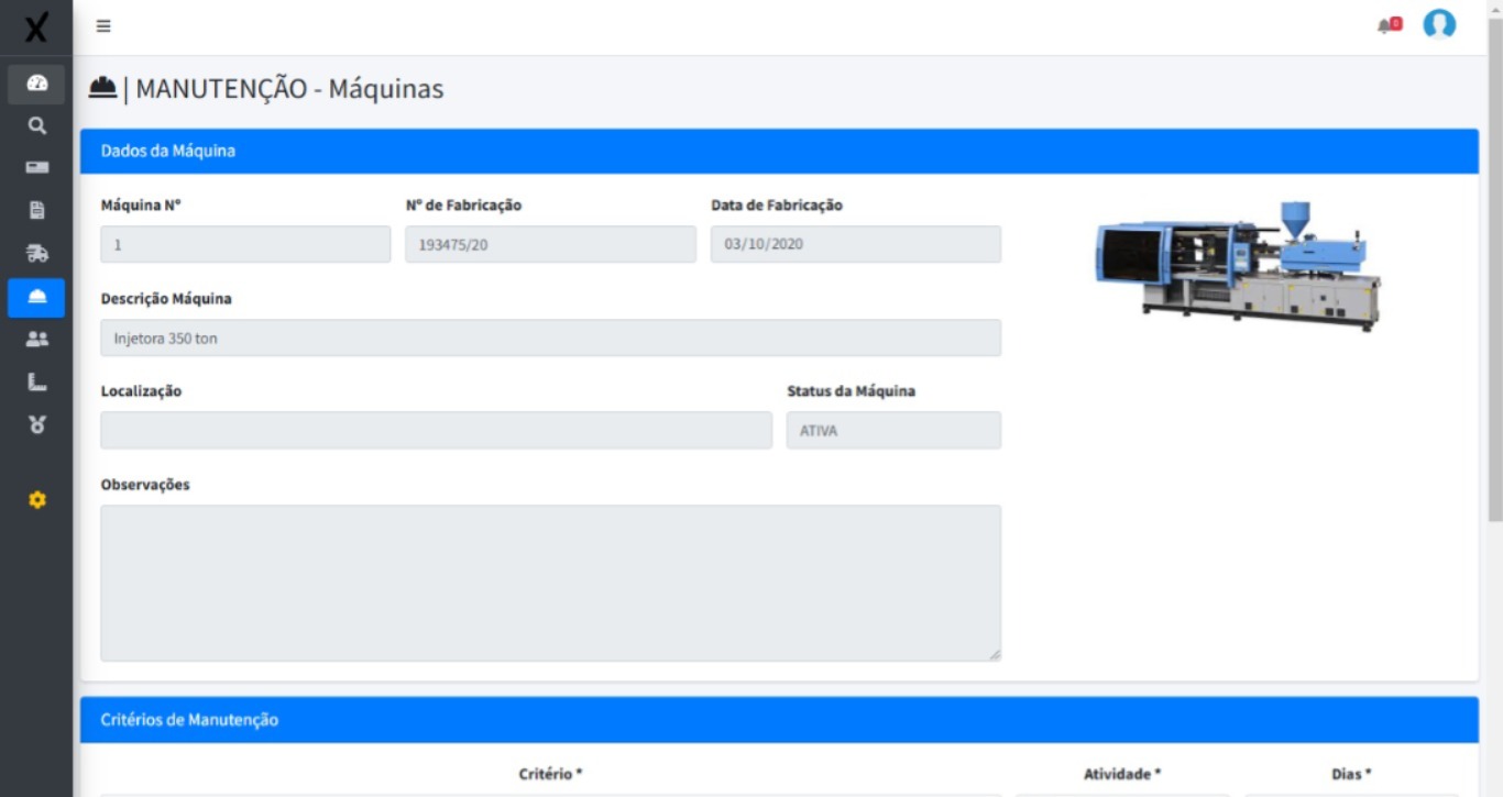 Critérios e planos de manutenção por máquina