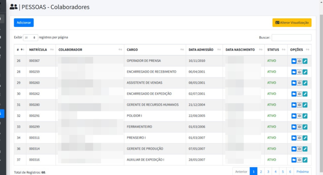 Cadastro de colaboradores e cargos